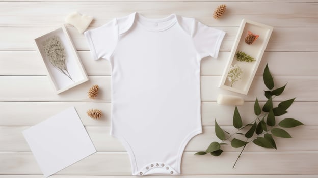 Pristine white onesie mockup on light wooden background. Delicate plants, pinecones. Eco friendly bodysuit baby clothing flat lay. Blank romper template apparel. Babyhood concept image photo