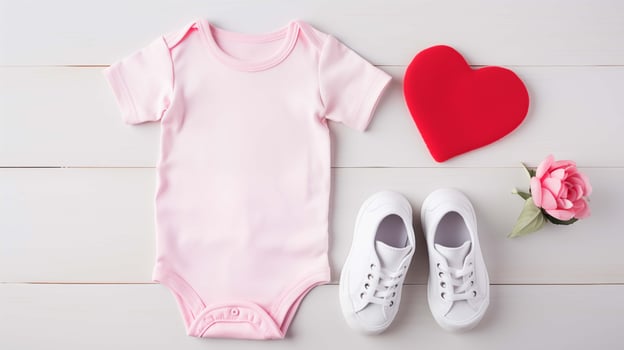 Pastel pink onesie mockup on wooden surface background. White sneakers, red heart, rose. Bodysuit baby clothing flat lay. Blank romper template apparel top view. Babyhood concept image photo