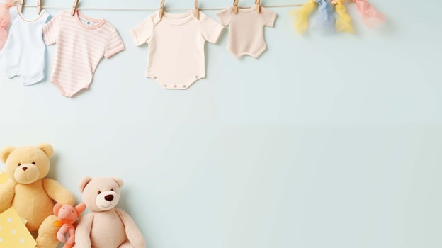 Pastel baby onesies and soft toys banner background copy space. Preparation for joyful arrival image backdrop empty. Parenting blog. Babyhood concept composition top view, copyspace photo