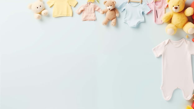 Cute babywear and toys banner background copy space. Plush bears onesies image backdrop empty. Pure infant fashion. Parenting blog. Babyhood concept composition top view, copyspace photo