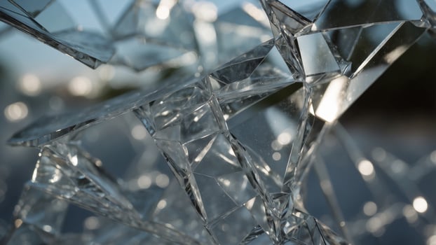 A close-up of a shattered glass surface with jagged edges. photo