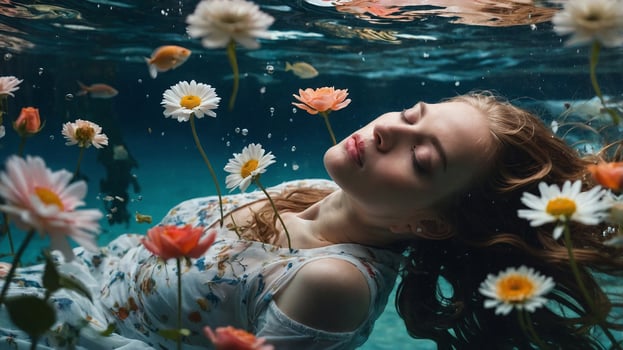 A woman is floating in the water with flowers photo