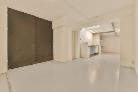 A room with a door and a kitchen in it photo