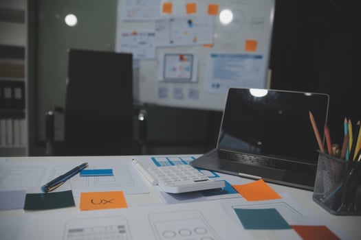 Professional interior designer at workplace in office, closeup photo