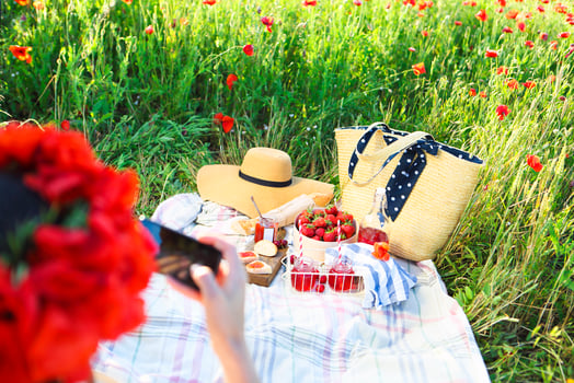 Basket, sandwiches, plaid and juice in a poppy field. Vintage tender background. Romance, love, date photo