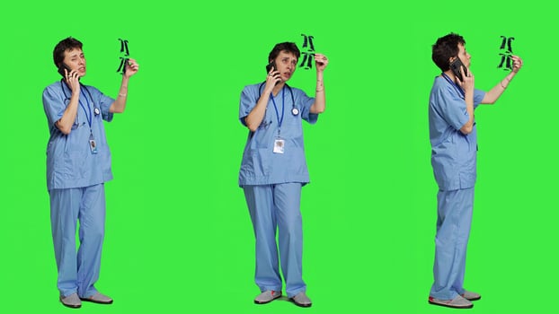 Nurse explaining disease diagnosis from x ray to patient on phone call, offering support to person receiving treatment and advice. Specialist examines radiology scan on the telephone line. Camera A. photo