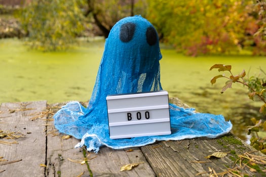 Creative handmade Halloween holiday decoration. blue ghost with Lightbox BOO text in autumn leaves forest. Zero waste homemade decor. Mystic place supernatural photo