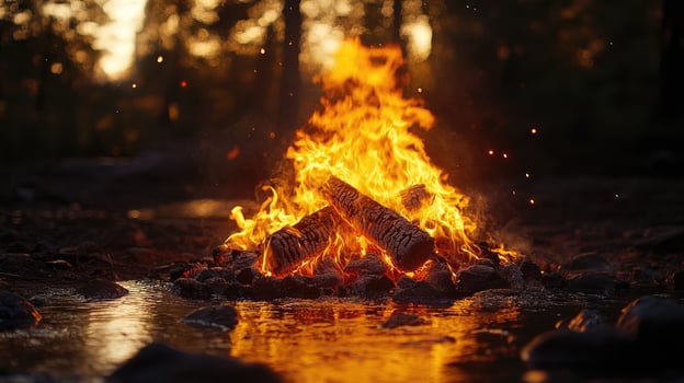 Bright bonfire burning in a fire pit at sunset in the woods photo