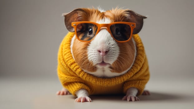 Cute Guinea Pig in Sunglasses and a Yellow Knit Sweater. photo