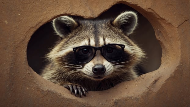 Cool Raccoon in Sunglasses Peeking out of a Hole. photo
