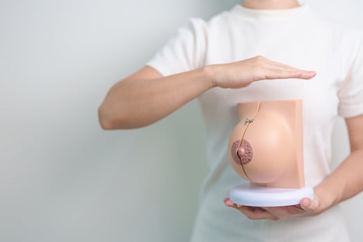 woman hand cover Breast Anatomy model. Breast Augmentation Surgery, October Breast Cancer Awareness month, implant, Diagnosis, Beauty woman enlargement and medical education concept photo