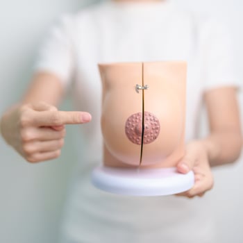 woman holding Breast Anatomy model. Breast Augmentation Surgery, October Breast Cancer Awareness month, implant, Diagnosis, Beauty woman enlargement and medical education concept photo