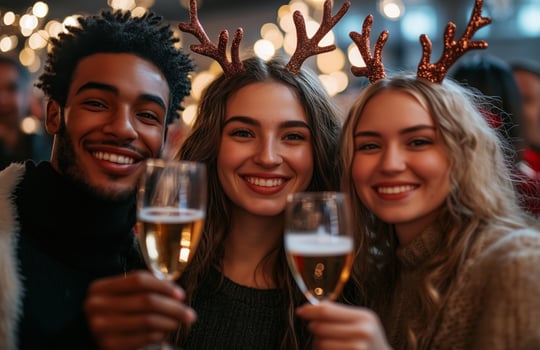 Young coworkers joyfully toast with champagne at an office Christmas party, celebrating the holidays together photo