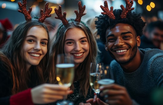 Young coworkers joyfully toast with champagne at an office Christmas party, celebrating the holidays together photo