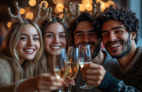 Young coworkers joyfully toast with champagne at an office Christmas party, celebrating the holidays together photo
