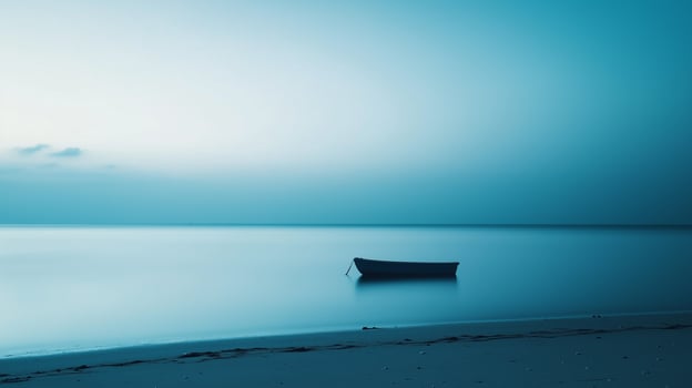 A photo of a beach at dawn, where the entire scene is tinted in shades of blue. The only element in the photo is a small boat anchored in the distance