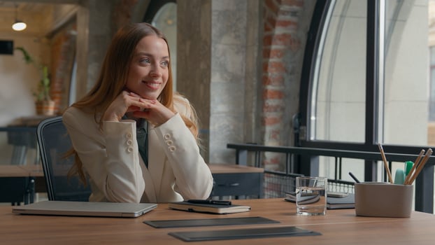 Business woman Caucasian businesswoman girl female office worker finish end complete done work job finishing writing in notebook close laptop stretching satisfied closed eyes dreaming relaxing break photo