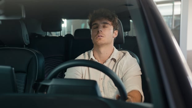 Caucasian business man driver male guy open door of new modern electric car sitting inside automobile problem tired health trouble exhausted stress depression emotion fatigued in rental rent auto photo