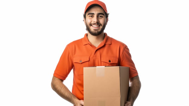 A Smiling Delivery Guy holding Carton Box photo