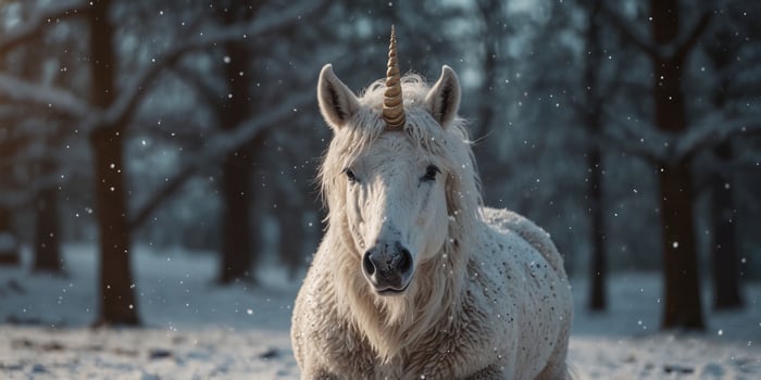 White Unicorn Wearing a Santa Hat in the Snow. photo