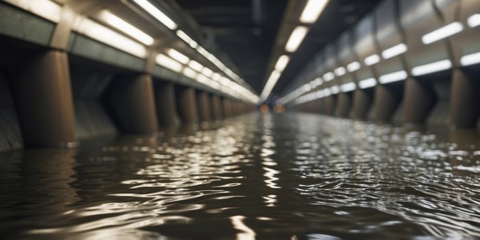 Underground flood in city subway with rushing water and pipes. photo