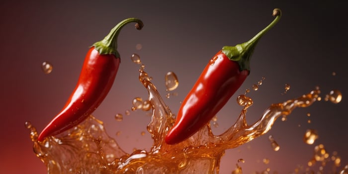 Spicy chili peppers splashing into hot sauce on red background. photo