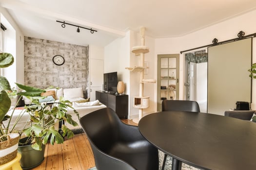 A living room with a table, chairs and a cat photo
