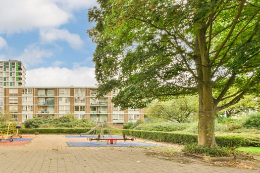 A playground in front of a building with trees photo