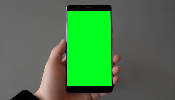 Hand holding black mobile phone with blank green screen photo