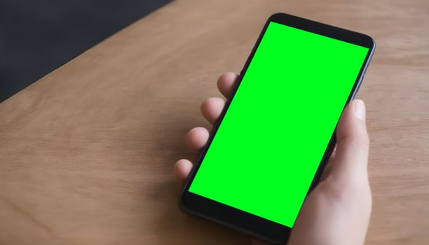 Hand holding black mobile phone with blank green screen photo