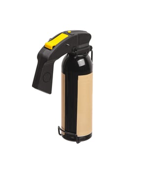Large spray can with isolate on a white back. Black spray bottle with colored button. Pepper spray for self defense. photo
