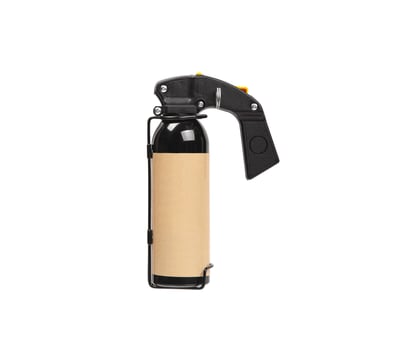 Large spray can with isolate on a white back. Black spray bottle with colored button. Pepper spray for self defense. photo