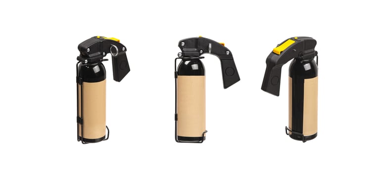 Large spray can with isolate on a white back. Black spray bottle with colored button. Pepper spray for self defense. photo
