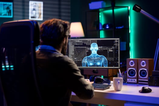 Programmer discussing with sentient AI becoming superintelligent, gaining humanoid form. Developer talking with self aware artificial intelligence transcending to higher structure photo