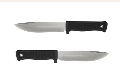 Modern hunting knife with silver blade and rubber handle. Steel arms. Isolate on a white back photo