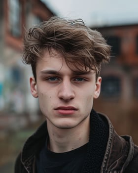 Moody portrait of a young man with tousled brown hair and a neutral expression, standing outdoors in front of blurred buildings photo
