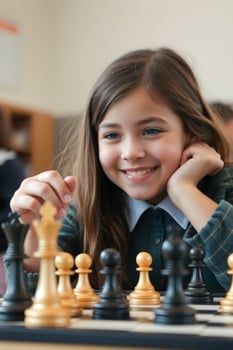 Young girl playing chess with a big smile photo