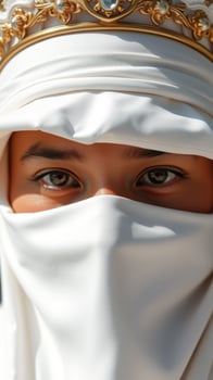 Closeup of a woman's eye peeking out from under a white veil photo
