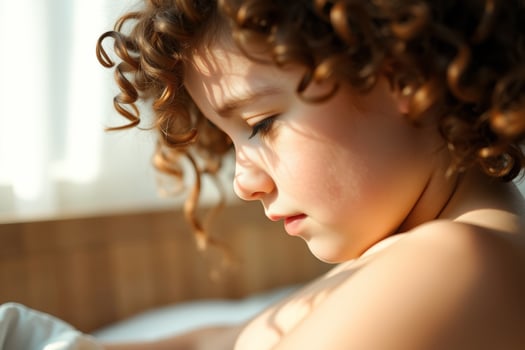 Young girl with curly hair looking down photo