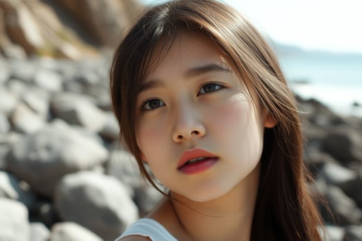 Close up portrait of a beautiful young woman with long dark hair looking at the camera photo
