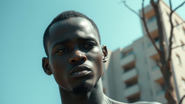 Close-up portrait of a young black man looking up photo