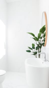 Minimalist Bathroom Design with Oval Mirror and Plant photo