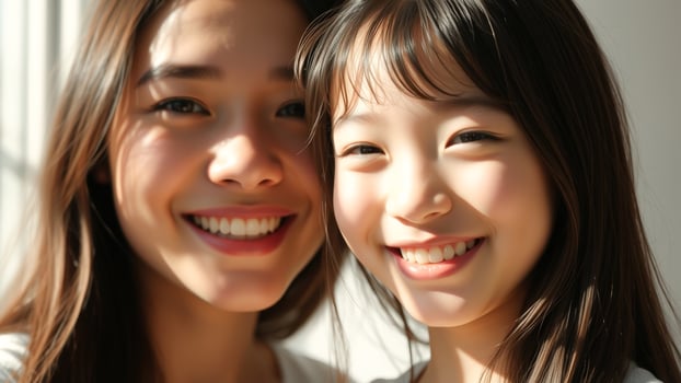 Portrait of two happy young women smiling together photo
