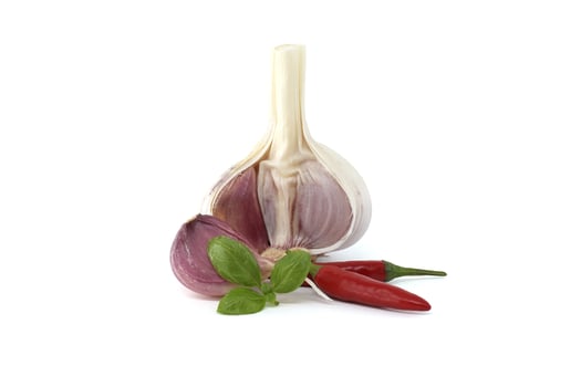 Fresh garlic, chili peppers, and basil leaves isolated on a white background photo