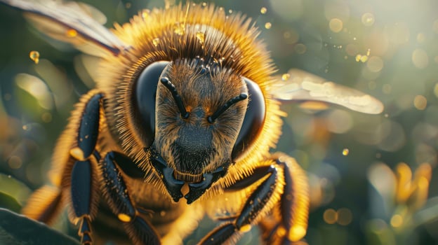 A bee is walking on a floral arrangement, captured in close-up detail with a shallow depth of field. photo