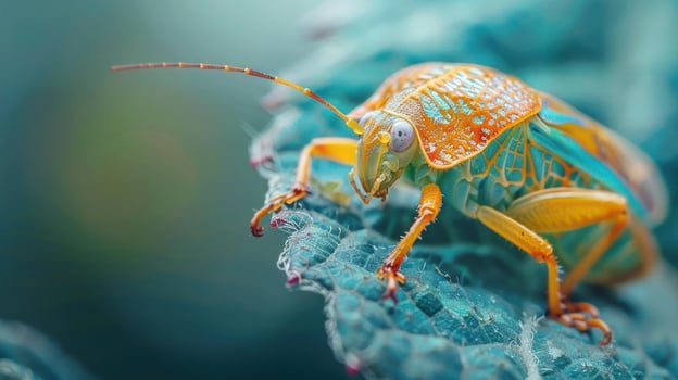 A close-up of a colorful lady beetle on a textured blue surface. photo