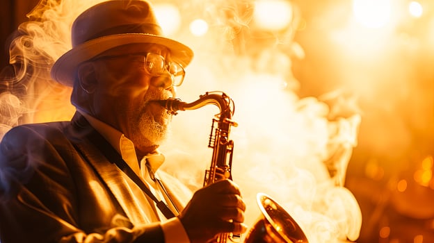 Jazz Musician Playing Saxophone in Smoky Atmosphere photo