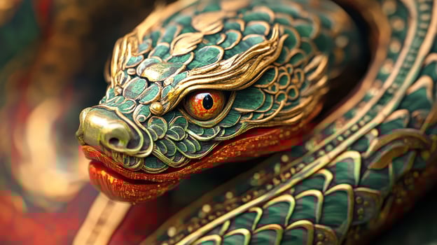 Beautifully crafted green snake with gold details and red tongue, marking the 2025 Chinese zodiac. photo