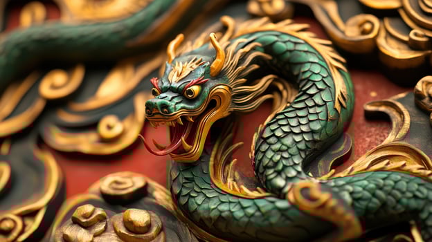 Beautifully crafted green snake with gold details and red tongue, marking the 2025 Chinese zodiac. photo