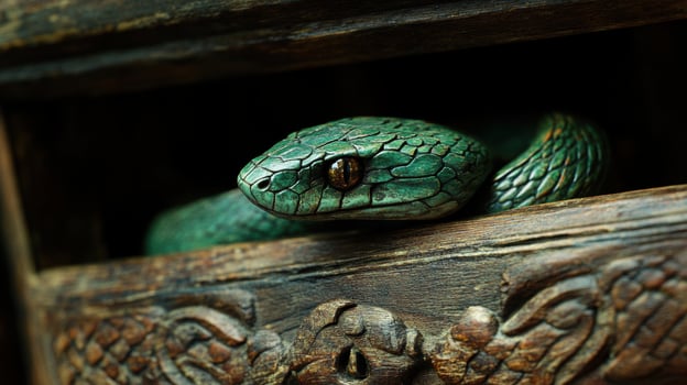 Green serpent emerging from a beautifully carved wooden box. photo